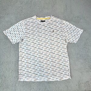 Addicted Shirt Mens Medium White Fish Print Short Sleeve‎ Casual Tee Outdoors